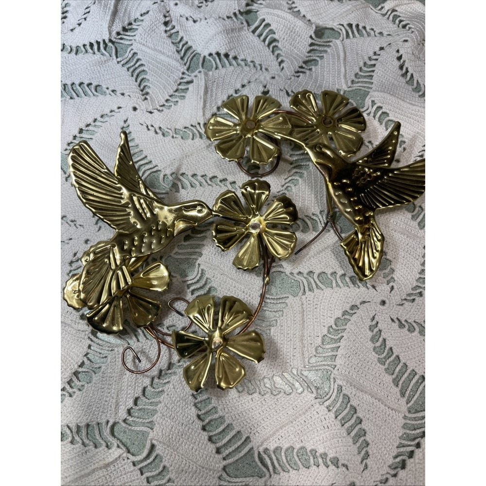 Vtg Home Interior Gold Tone Metal Hummingbirds Flowers Wall Decor Set Of 2 MCM